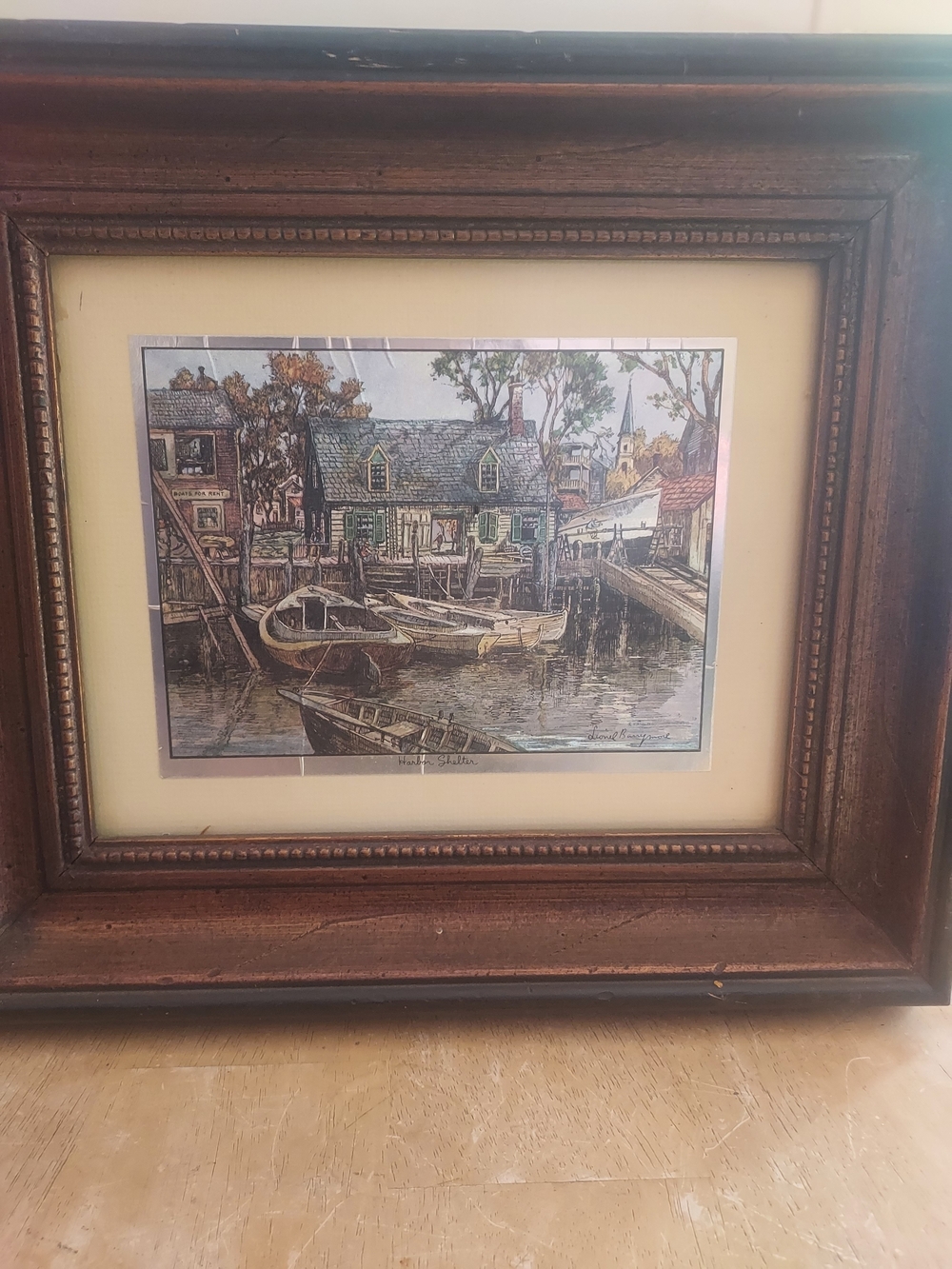 Coastal Harbor Print in Brown Frame with Cream Mat